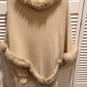 Cream Faux Fur Trim Shawl Wrap Fringe Hem Cozy Elegant